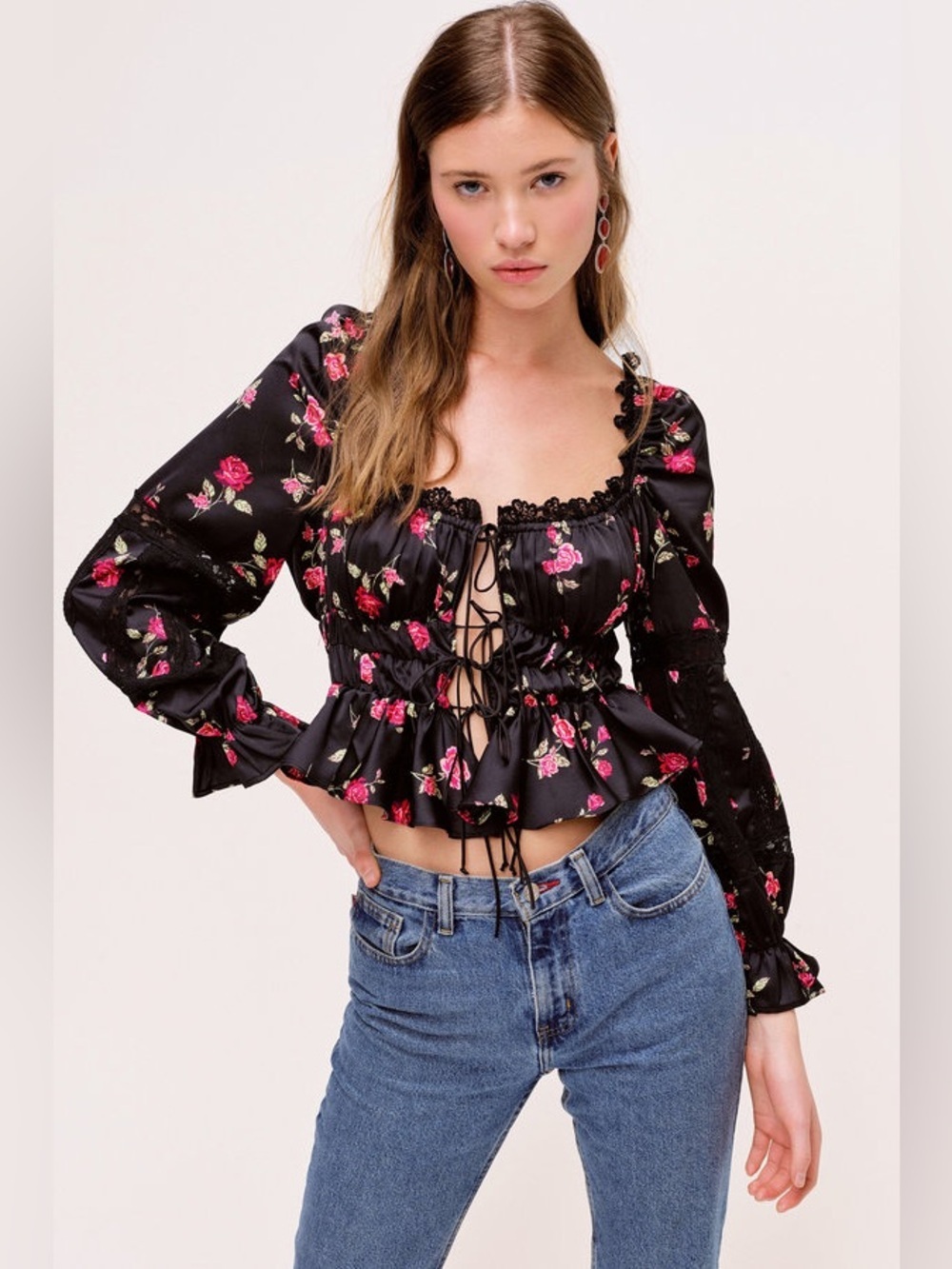 For Love & Lemons Rosie Blouse Black Rose Floral Long Puff Sleeve Tie Front Sz S